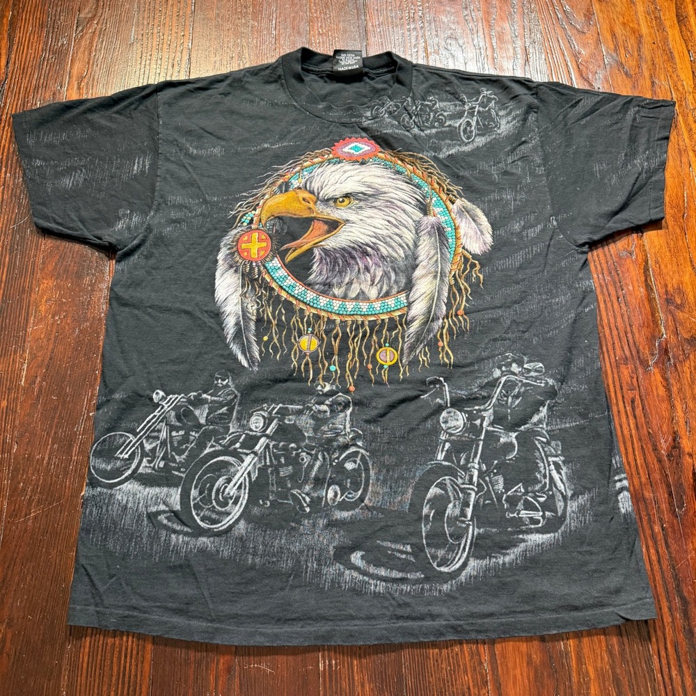 Vintage 1995 Sturgis Shirt Mens XL Black Rally Eagle AOP Single Stitch 3D Emblem